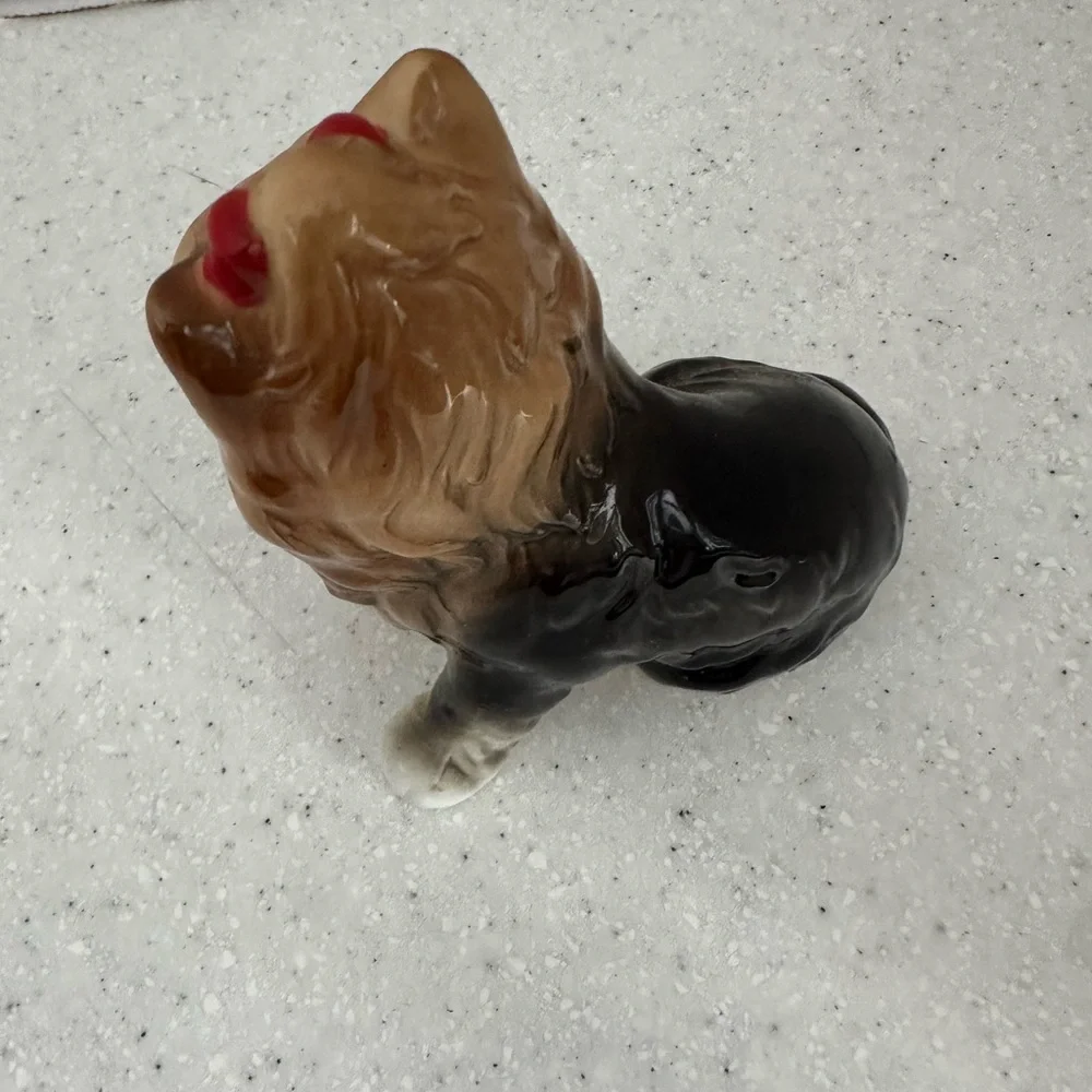 Vintage Bone China Yorkshire Terrier Dog Figurine with Red Bow! Collectible